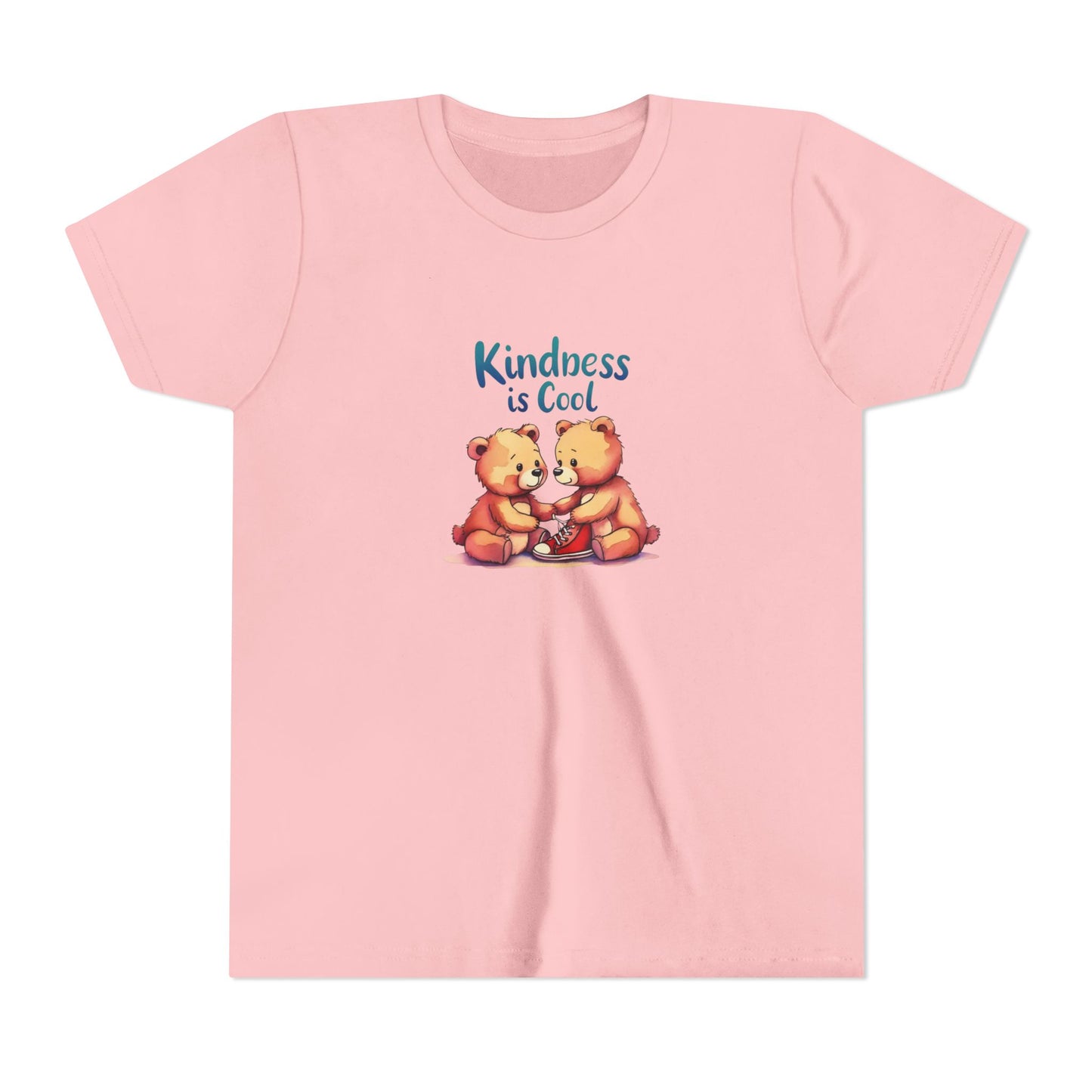 Pink t-shirt with two bears hugging and 'Kindness is Cool' text on a white background