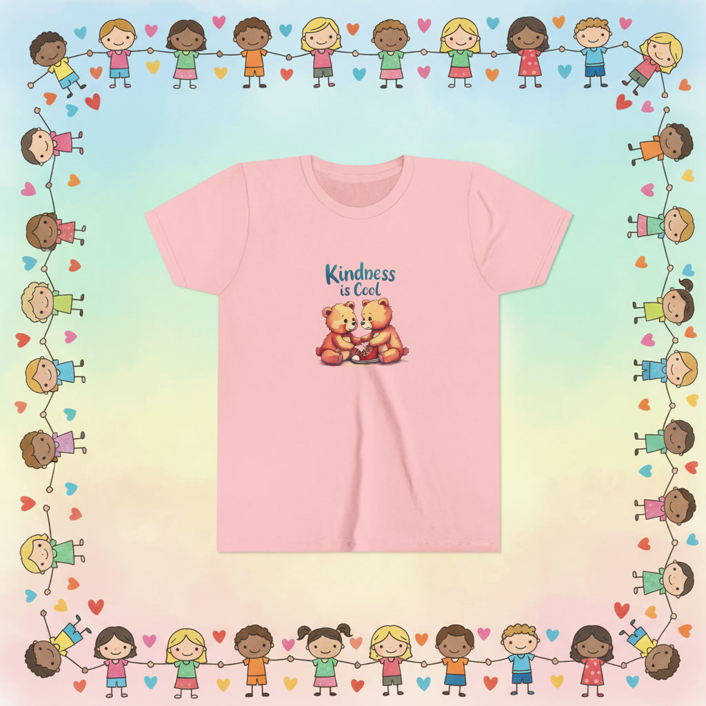 Pink t-shirt with two bears hugging and 'Kindness is Cool' text on a white background