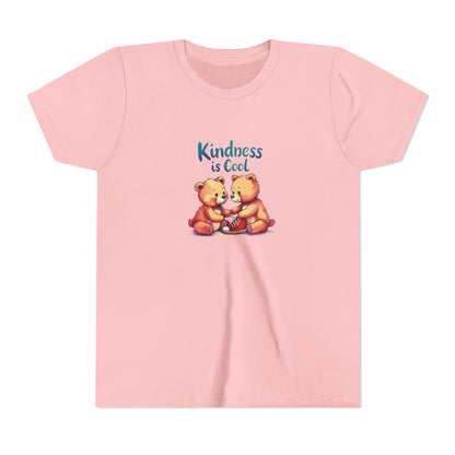Pink t-shirt with two bears hugging and 'Kindness is Cool' text on a white background