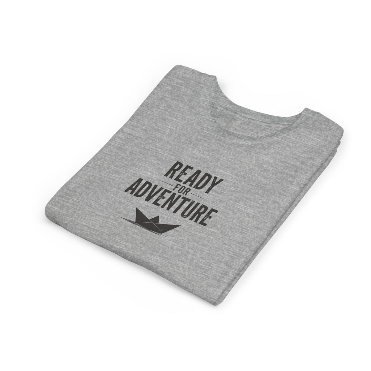 Kids folde grey T‑shirt with bold black “Ready for Adventure” text and a small paper boat graphic.