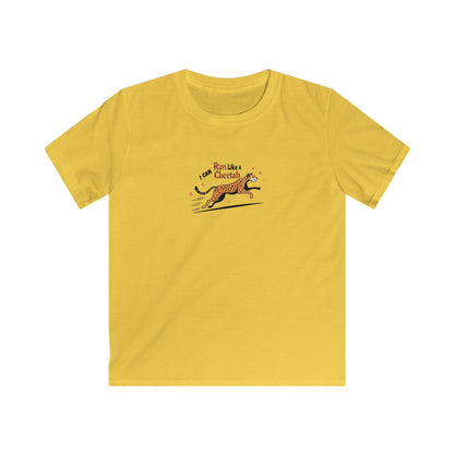A yellow short-sleeve crewneck t-shirt with a small graphic on the left chest showing a running cheetah and the text 'I Love CAN run Like a Cheetah'.