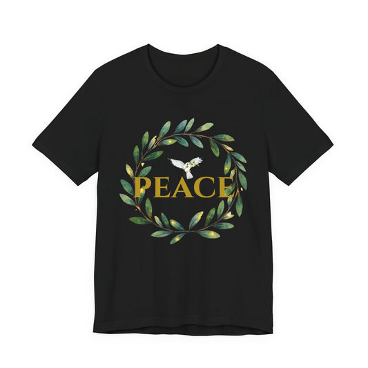 Black t-shirt with 'PEACE' design featuring a dove and leaves on a white background