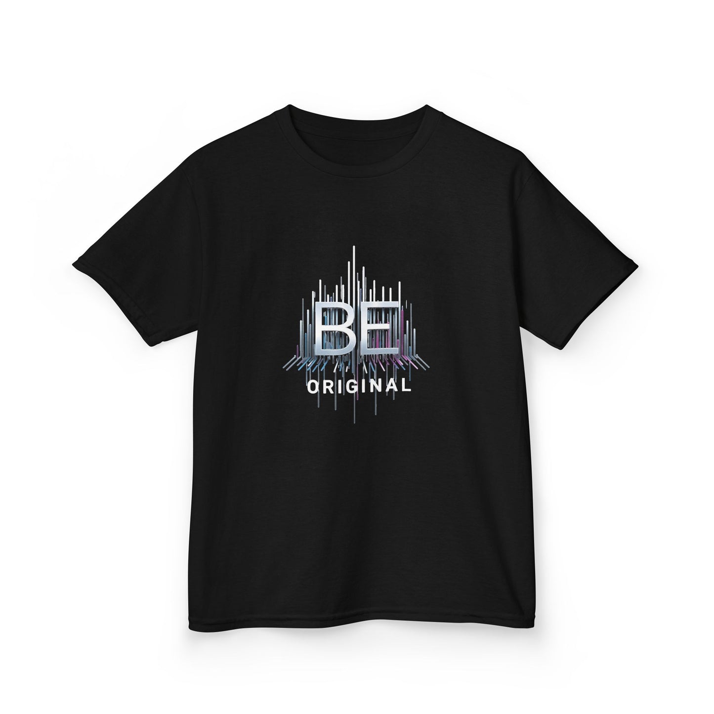 A black short-sleeve kids' t-shirt with a graphic on the chest featuring the text 'BE ORIGINAL' in white and light blue, displayed on a clean white background.