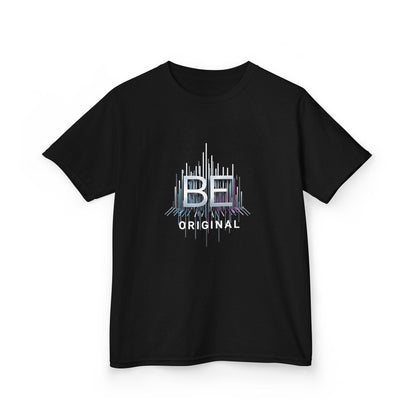 A black short-sleeve kids' t-shirt with a graphic on the chest featuring the text 'BE ORIGINAL' in white and light blue, displayed on a clean white background.