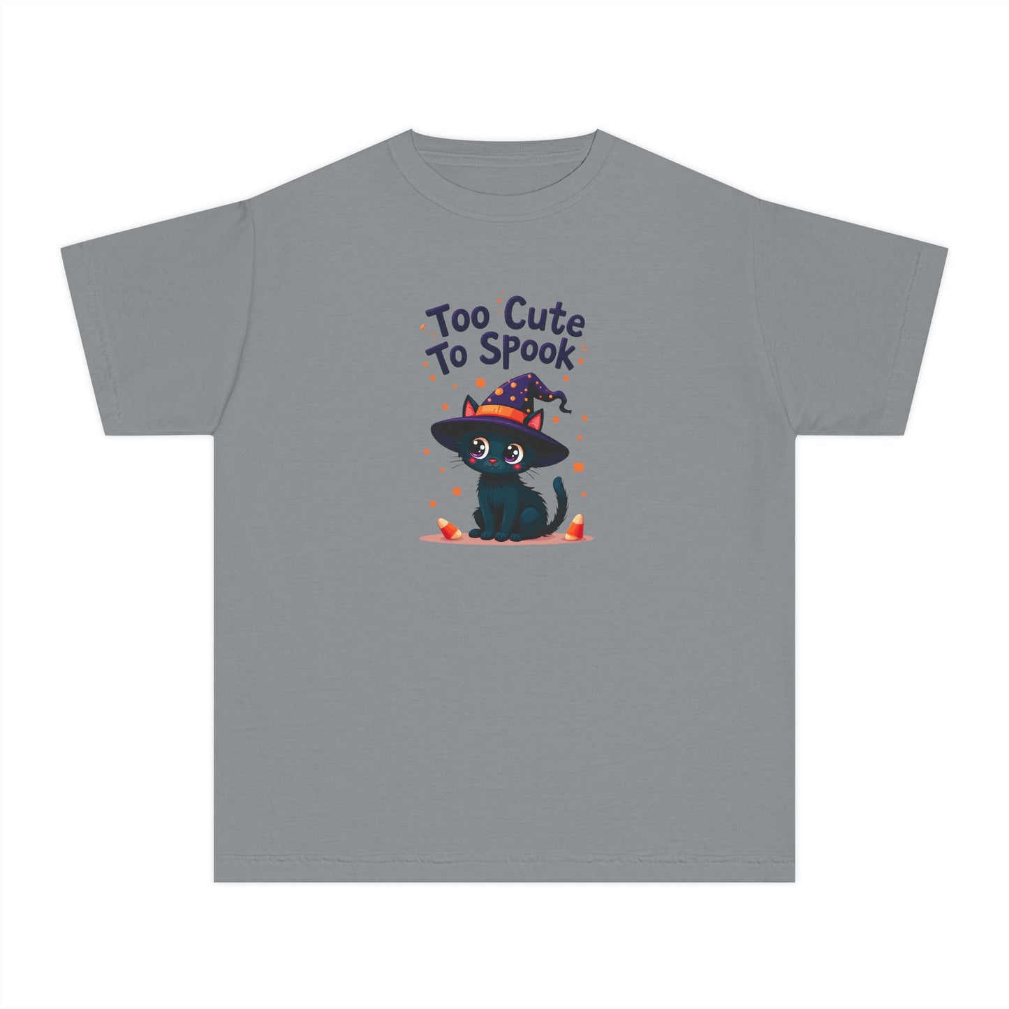 A gray short-sleeve crewneck t-shirt featuring a cartoon graphic of a cute black cat wearing a witch hat with the text 'Too Cute To Spook' above it.