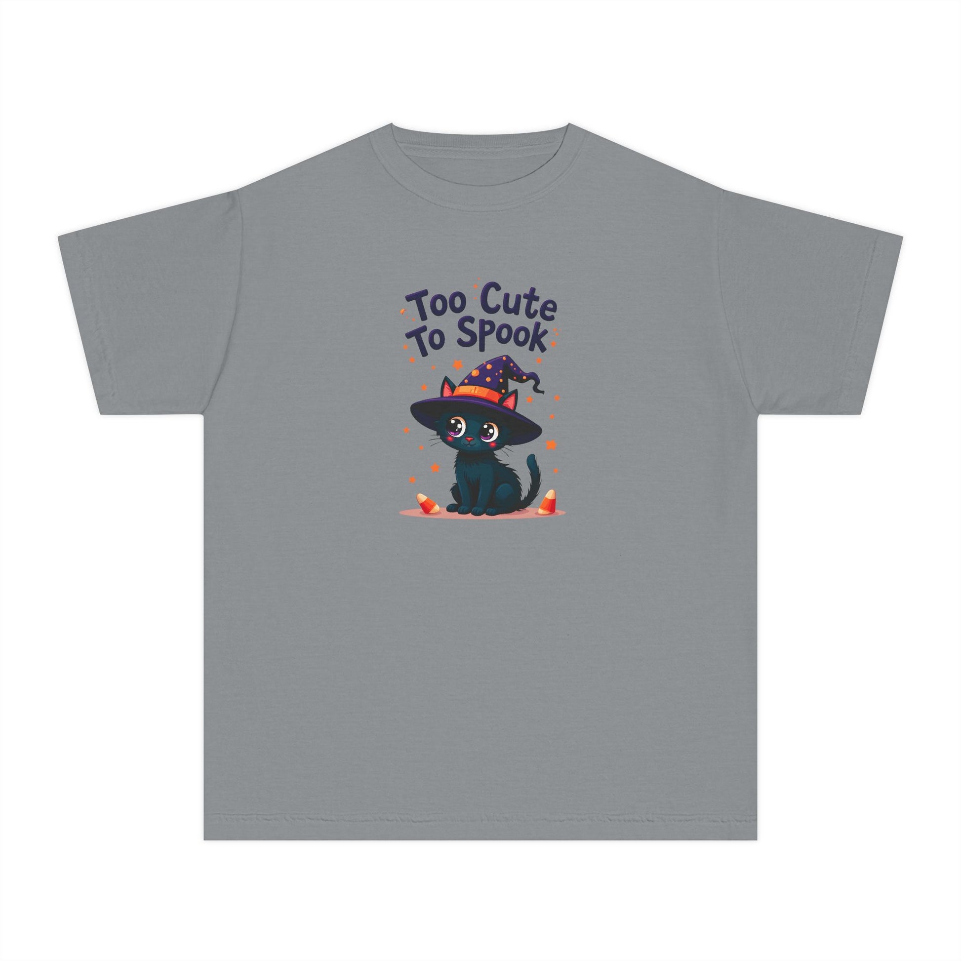 A gray short-sleeve crewneck t-shirt featuring a cartoon graphic of a cute black cat wearing a witch hat with the text 'Too Cute To Spook' above it.