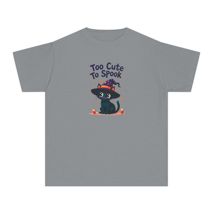 A gray short-sleeve crewneck t-shirt featuring a cartoon graphic of a cute black cat wearing a witch hat with the text 'Too Cute To Spook' above it.