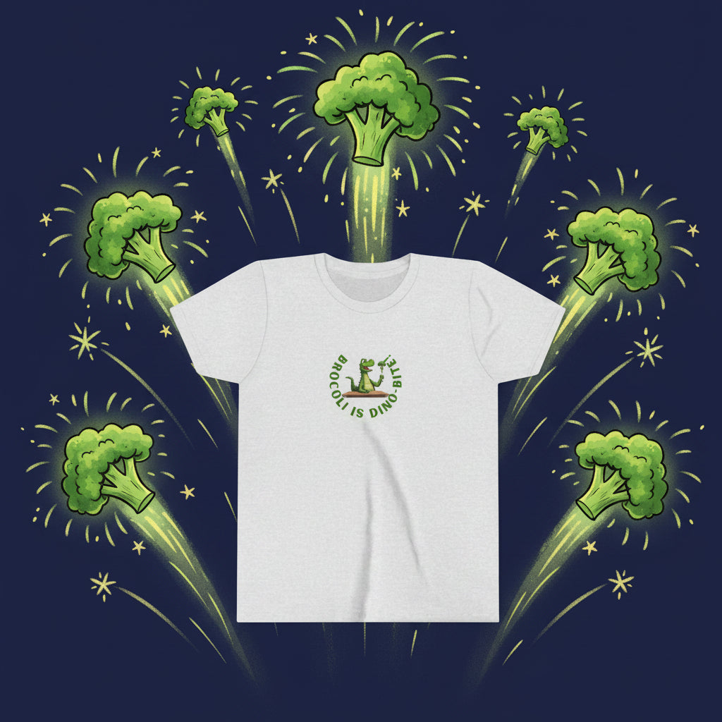 Ash grey t-shirt with a dinosaur eating broccoli. A circle of words reads "Broccoli is Dino-bit."