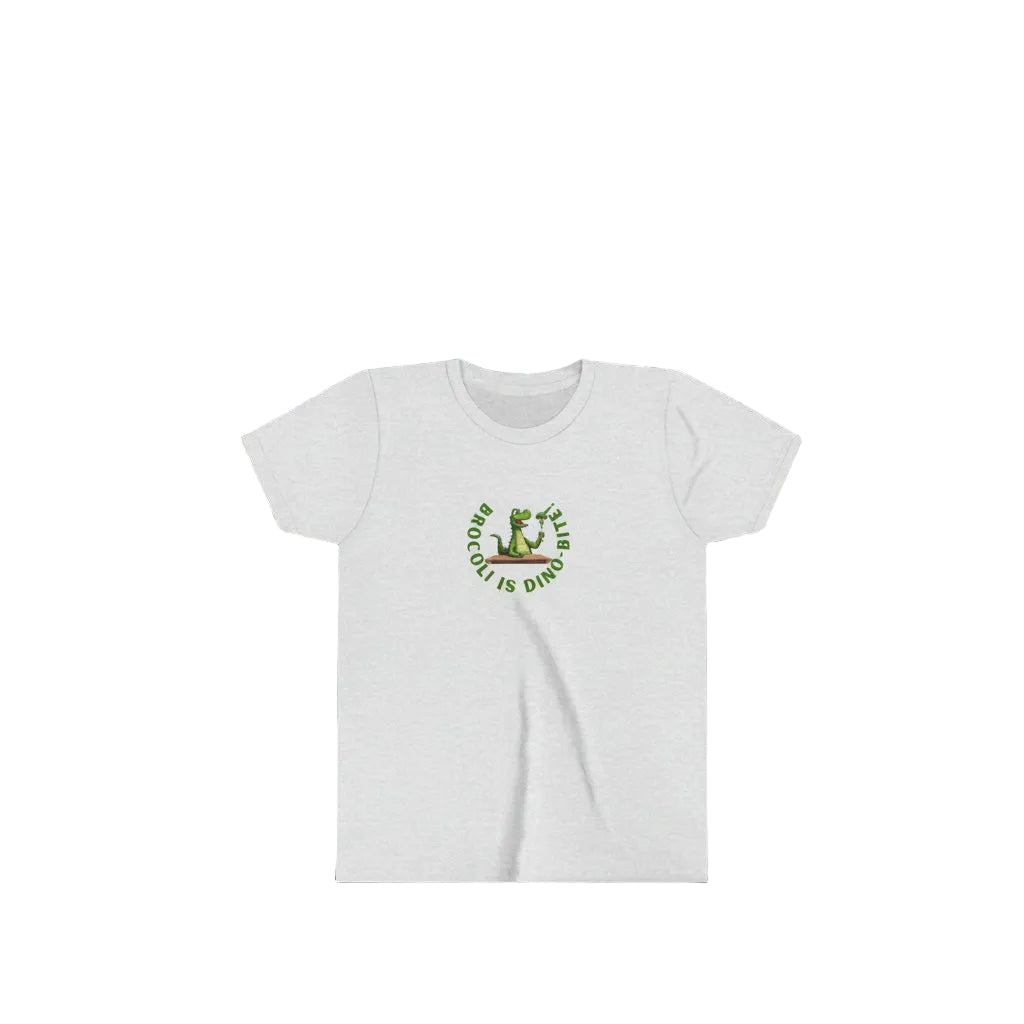 Ash grey t-shirt with a dinosaur eating broccoli. A circle of words reads "Broccoli is Dino-bit."