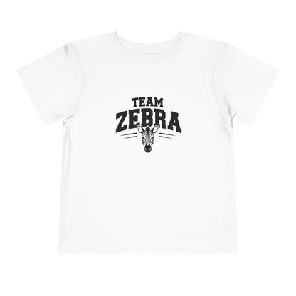 Toddler tee with zebra mascot and jersey-style ‘Team Zebra’ lettering.