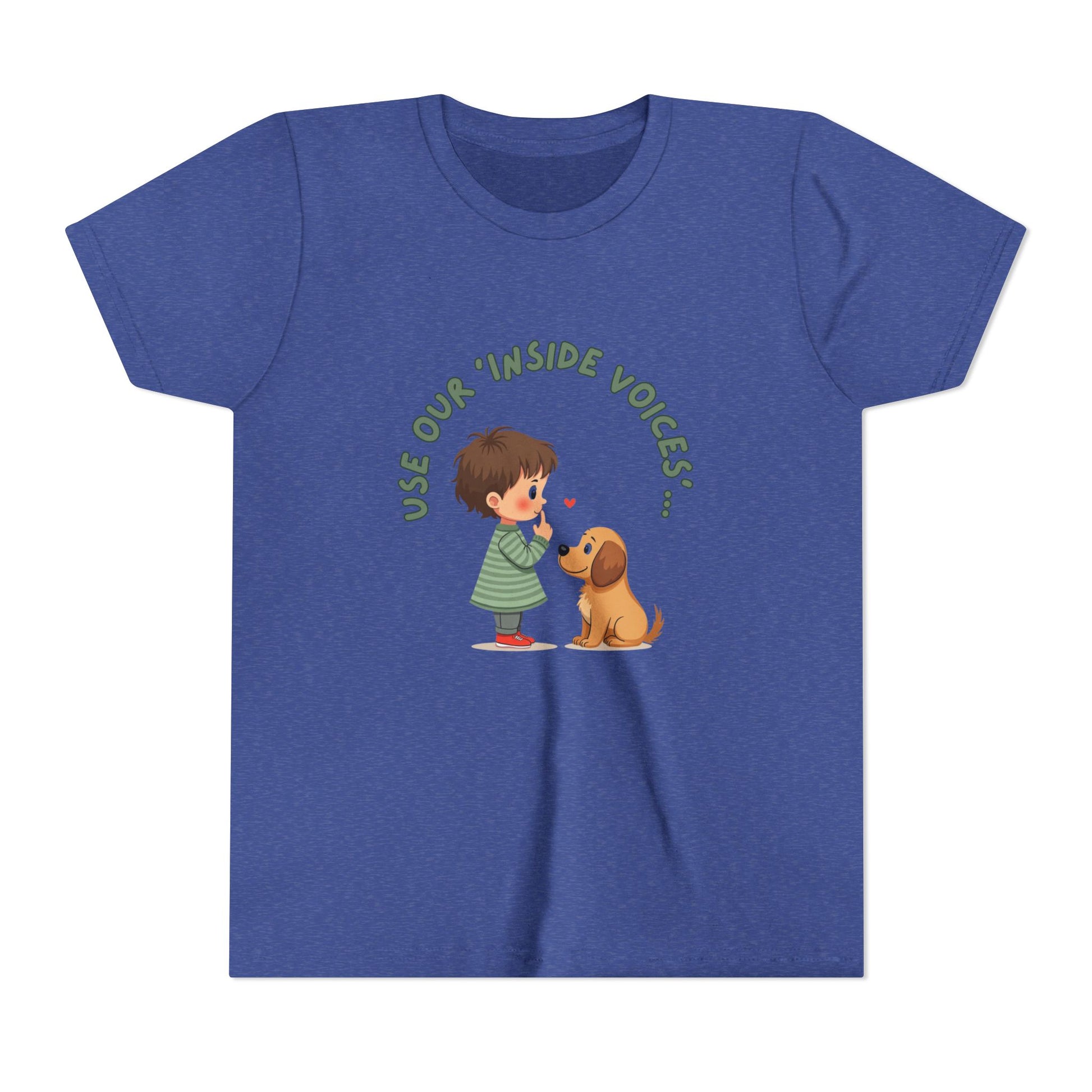Blue t-shirt with a child and dog graphic and text on a white background