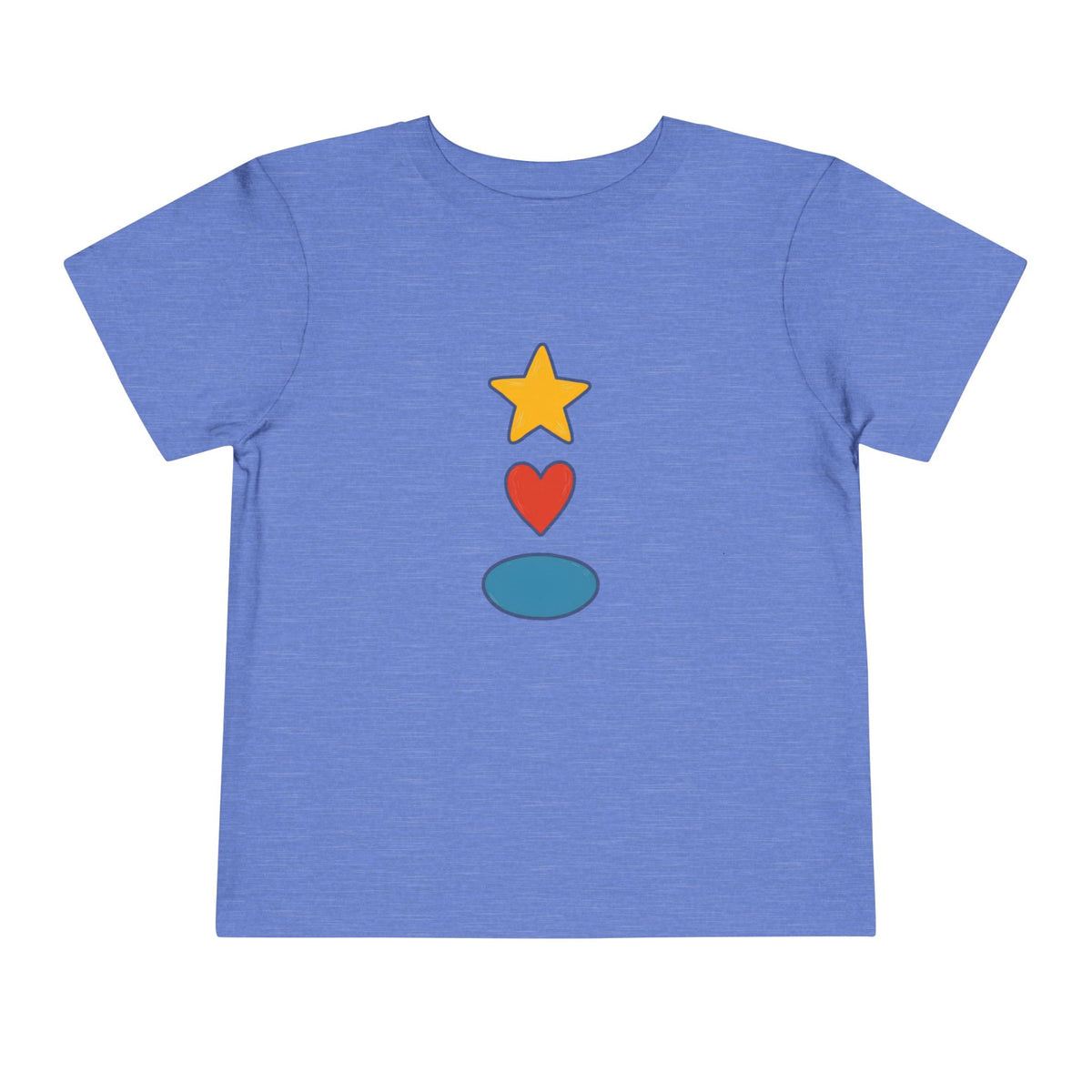 A heather blue short-sleeve t-shirt with a vertical graphic of a yellow star, a red heart, and a teal oval on the chest, displayed against a solid white background.