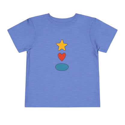 A heather blue short-sleeve t-shirt with a vertical graphic of a yellow star, a red heart, and a teal oval on the chest, displayed against a solid white background.