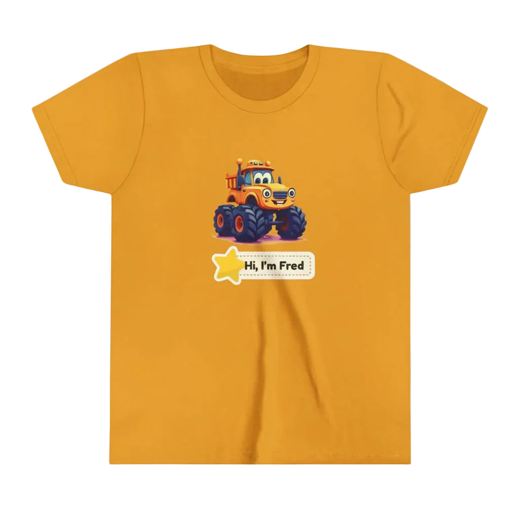 A yellow mustard short-sleeve kids' t-shirt with a cartoon graphic of a monster truck and a star label that reads 'Hi, I'm Fred'.