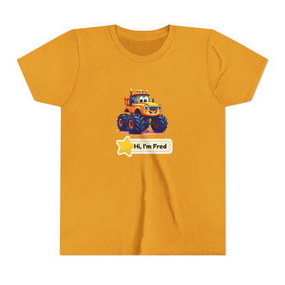 A yellow short-sleeve kids' t-shirt with a cartoon graphic of a monster truck and a star label that reads 'Hi, I'm Fred'.