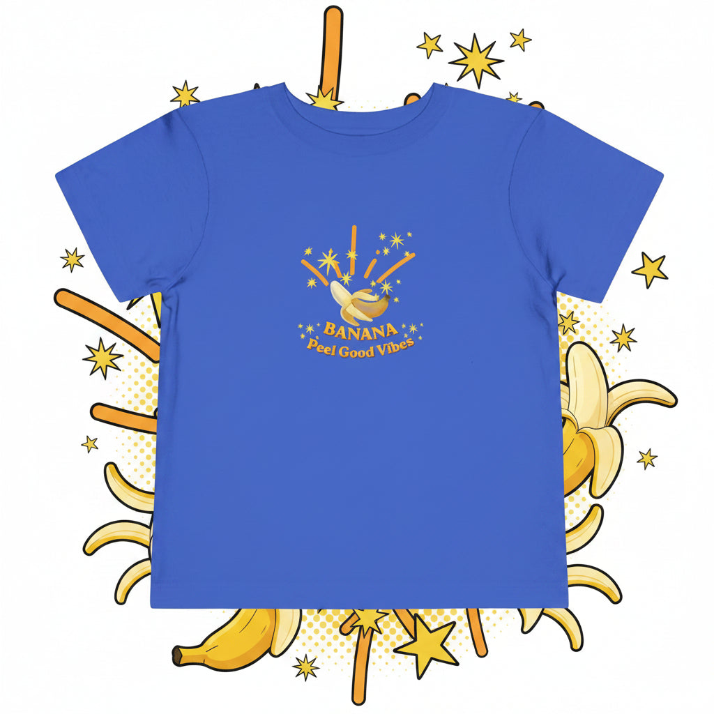 Blue t-shirt with a banana graphic and text on a fun cartoon banana background