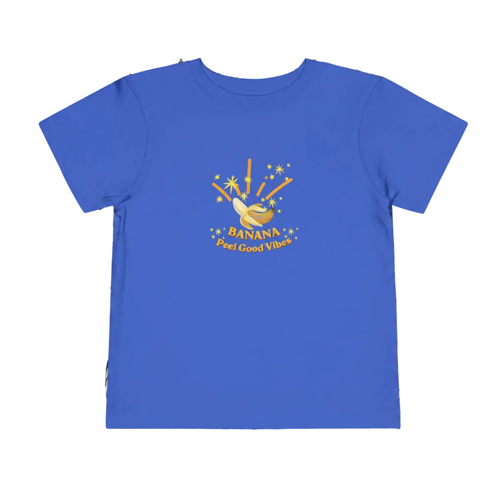 Blue t-shirt with a  and text on a fun cartoonbanana graphic on white background