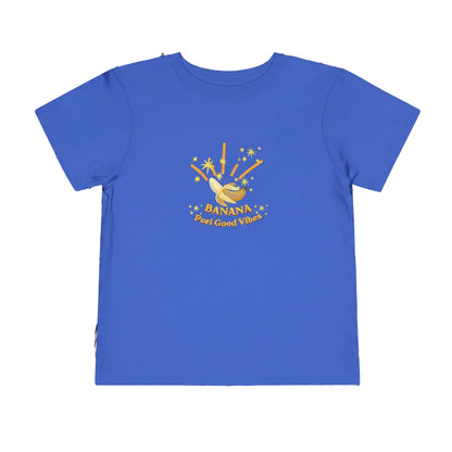 Blue t-shirt with a  and text on a fun cartoonbanana graphic on white background