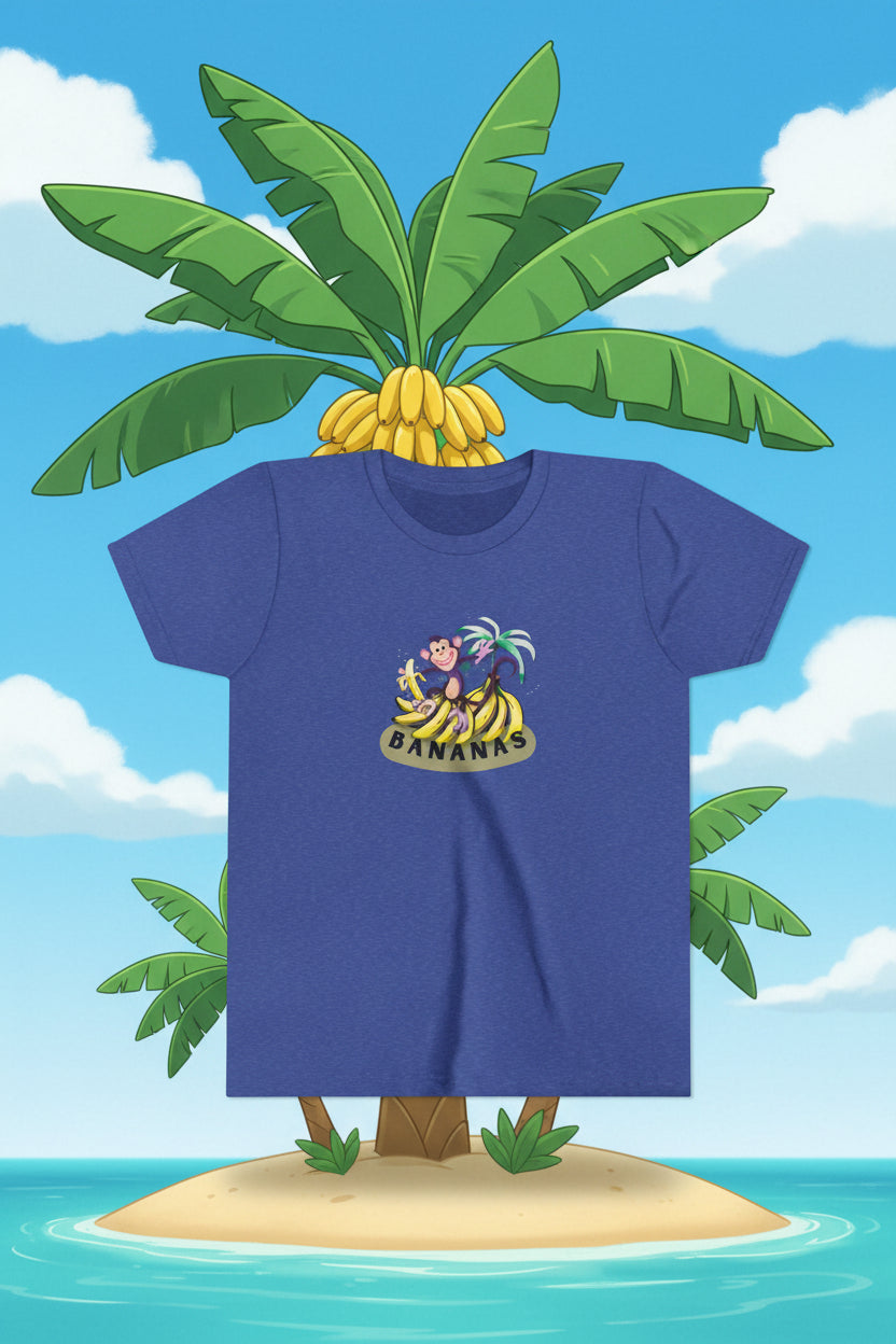 Heather blue t-shirt with graphic cartoon monkey eating banana and bunches of banana on silly background