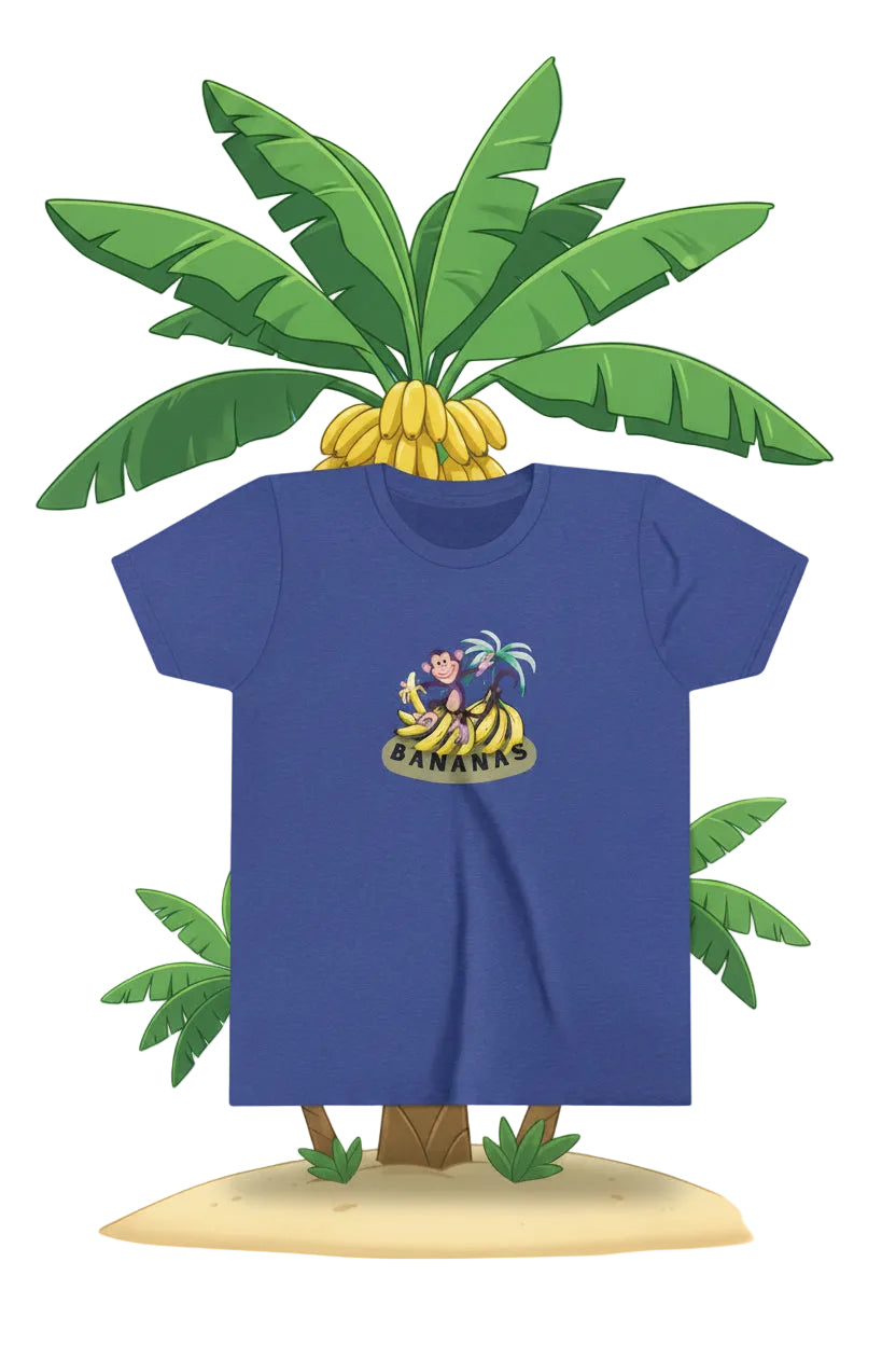 Heather blue t-shirt with graphic cartoon monkey eating banana and bunches of banana on silly background