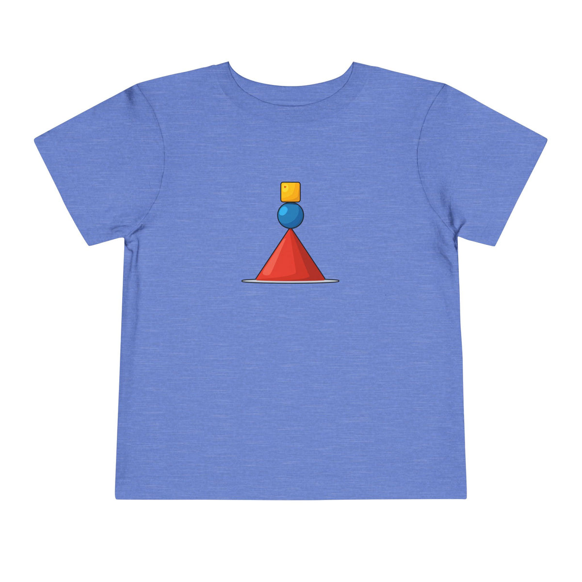 
A heather blue short-sleeve t-shirt with a small geometric graphic on the chest depicting a red cone, a blue circle, and a yellow square stacked on a white background.