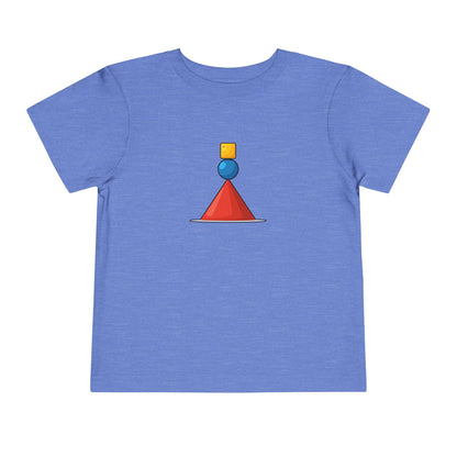 
A heather blue short-sleeve t-shirt with a small geometric graphic on the chest depicting a red cone, a blue circle, and a yellow square stacked on a white background.
