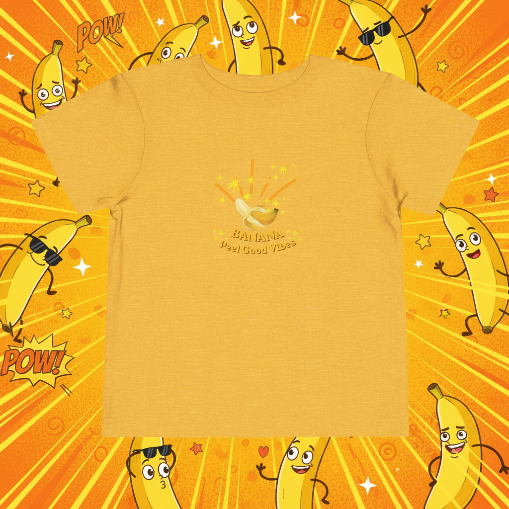 Yellow t-shirt with a graphic design on a fun cartoon background