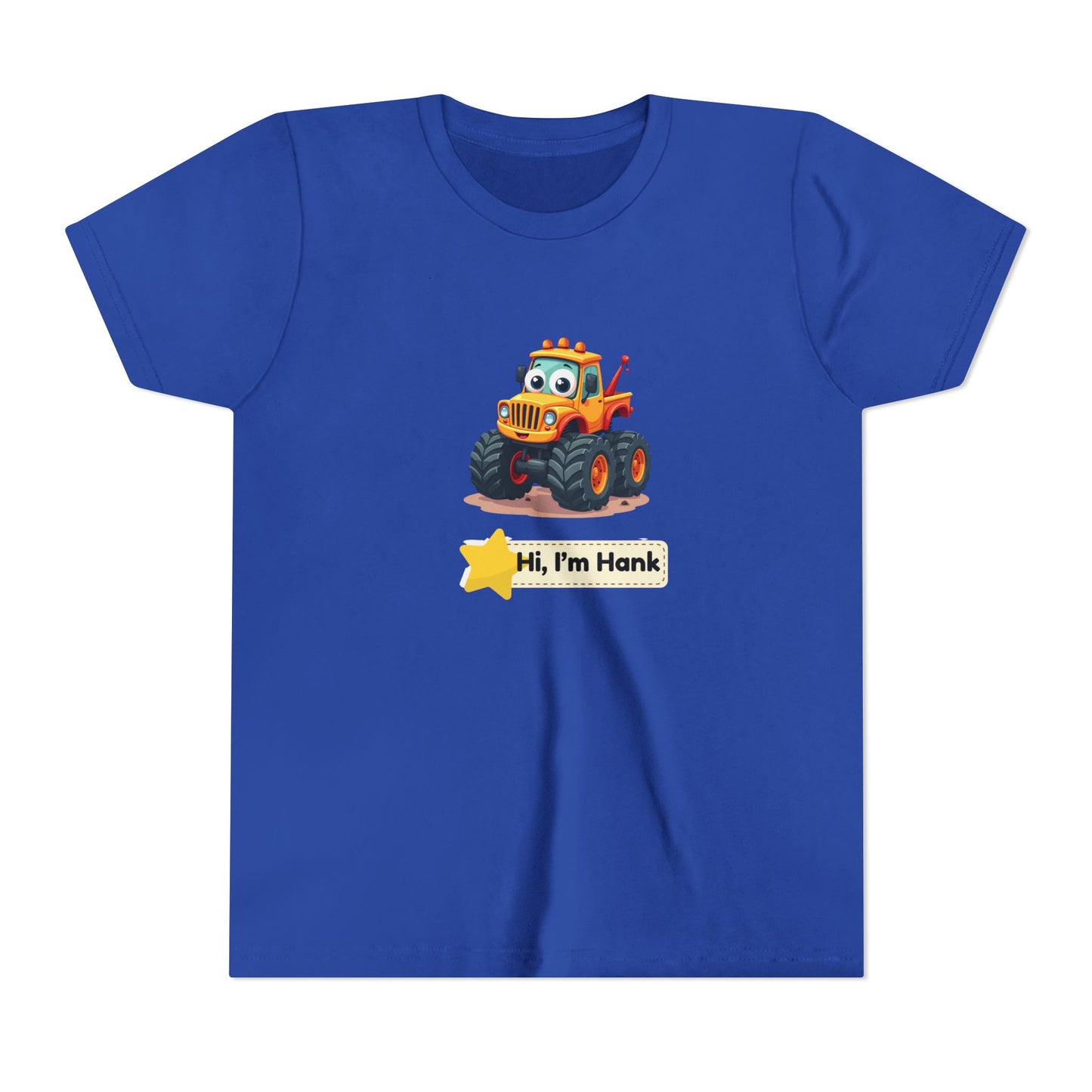 A royal blue short-sleeve crewneck t-shirt featuring a cartoon graphic of a cheerful yellow/ orange monster tires truck with a smiling face and the text 'Hi, I'm Hank' on a yellow star banner below it.