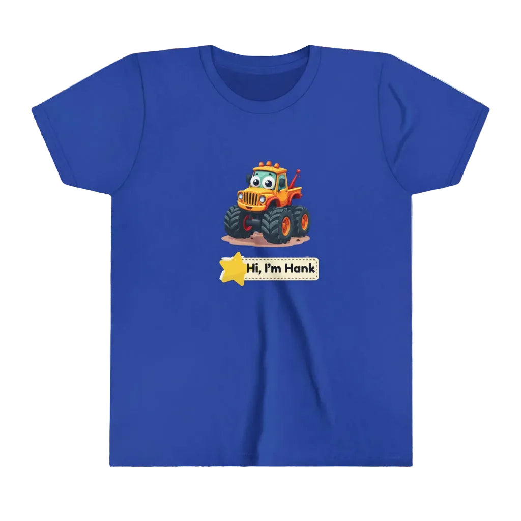 A royal blue short-sleeve kid's crewneck t-shirt featuring a cartoon graphic of a cheerful yellow/ orange monster tires truck with a smiling face and the text 'Hi, I'm Hank' on a yellow star banner below it.