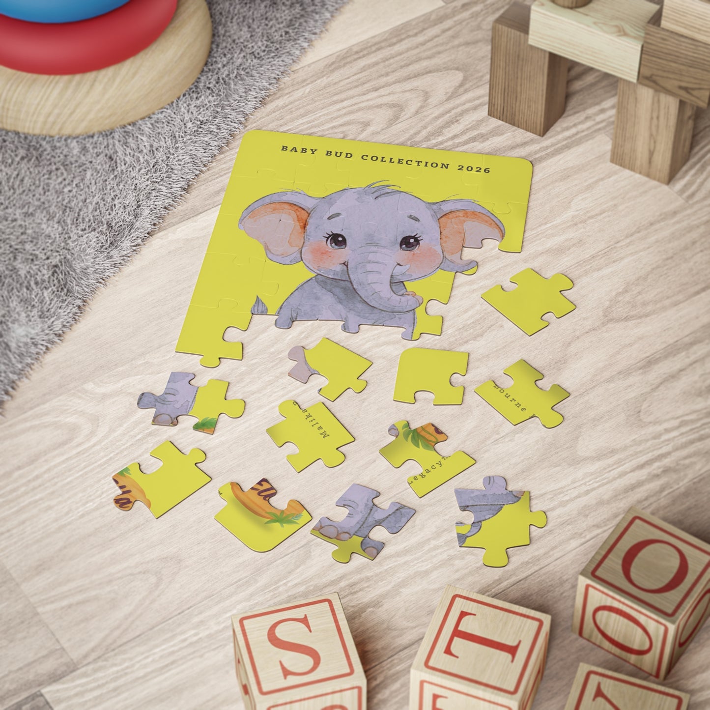 Partially assembled puzzle of a cute elephant.