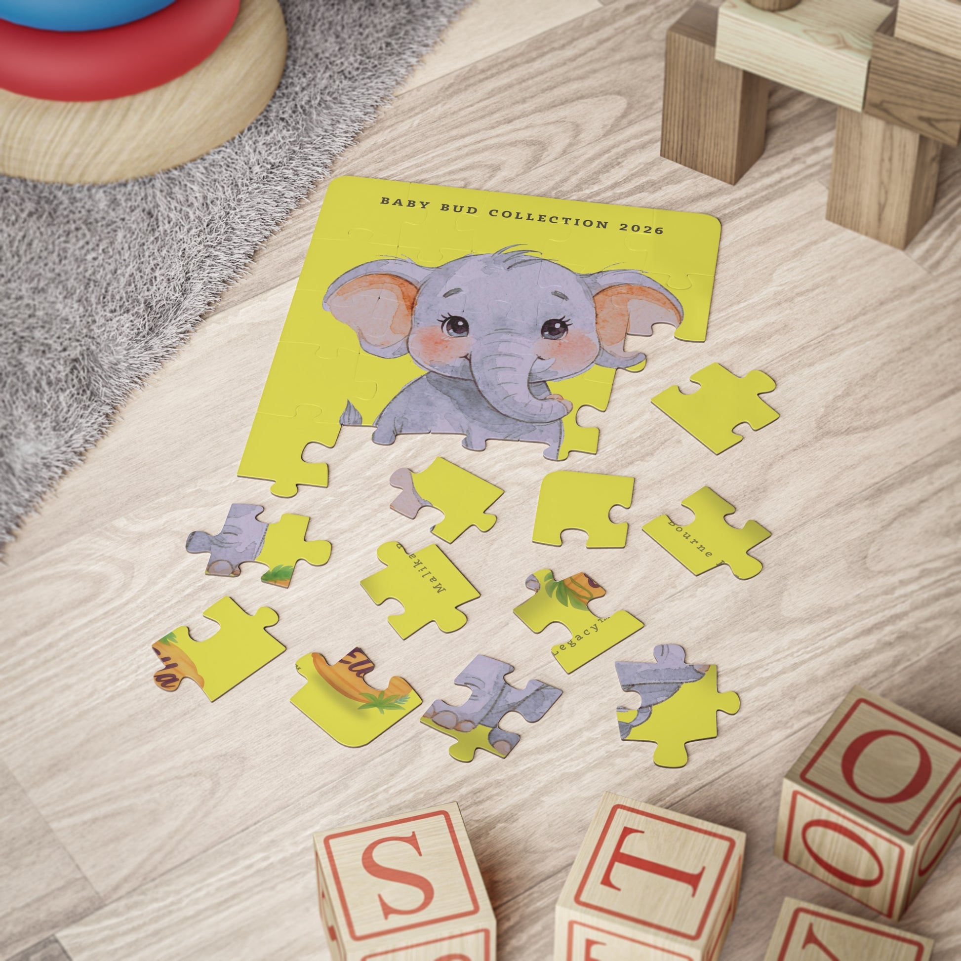 Partially assembled puzzle of a cute elephant.