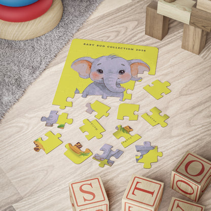 Partially assembled puzzle of a cute elephant.