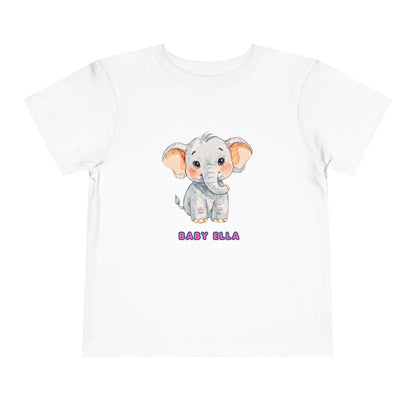 White t-shirt with a cartoon elephant and 'Baby Ella' text on a white background