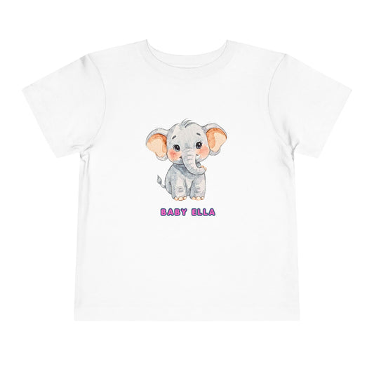 White t-shirt with a cartoon elephant and 'Baby Ella' text on a white background