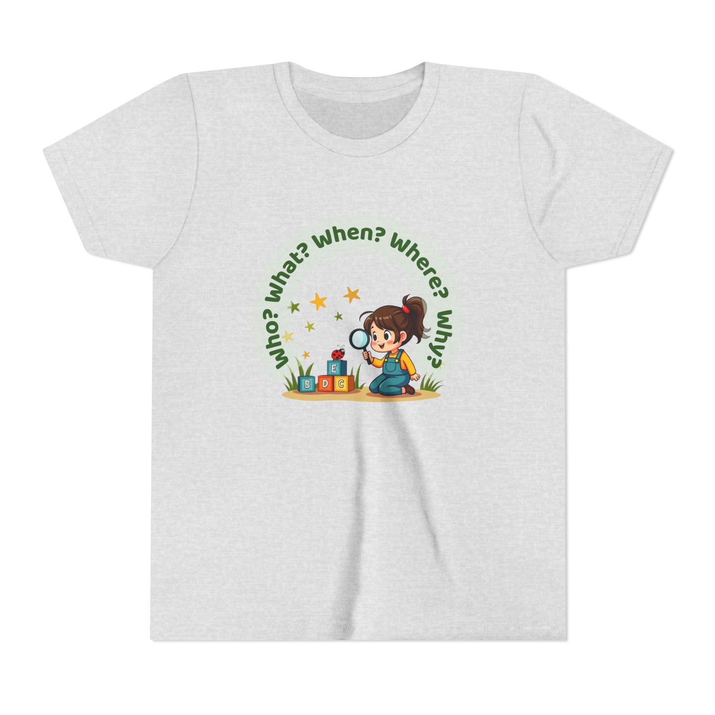 Ash t-shirt with a child graphic and question marks on a white background