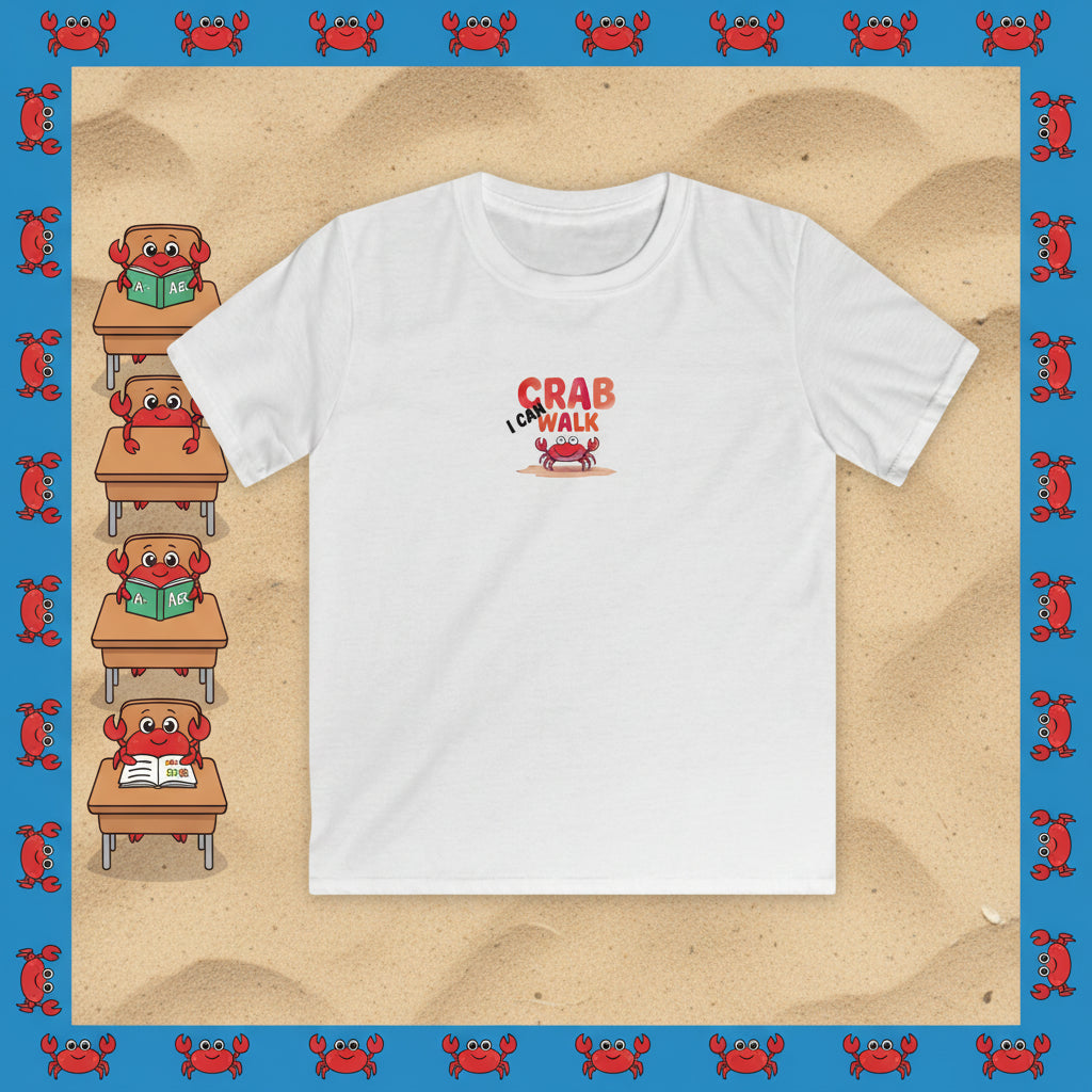 A white short-sleeve crewneck t-shirt with a graphic on the chest that reads 'I don't LIKE CRAB WALK' in red and black, featuring a small red crab illustration below.