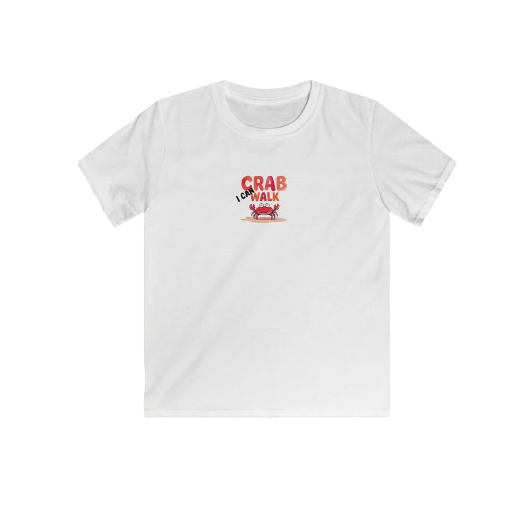A white short-sleeve crewneck t-shirt with a graphic on the chest that reads 'I don't LIKE CRAB WALK' in red and black, featuring a small red crab illustration below.