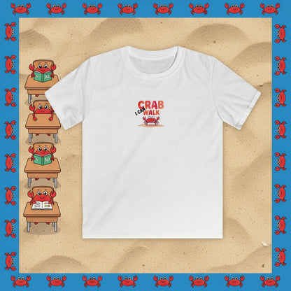 A white short-sleeve crewneck t-shirt with a graphic on the chest that reads 'I don't LIKE CRAB WALK' in red and black, featuring a small red crab illustration below.