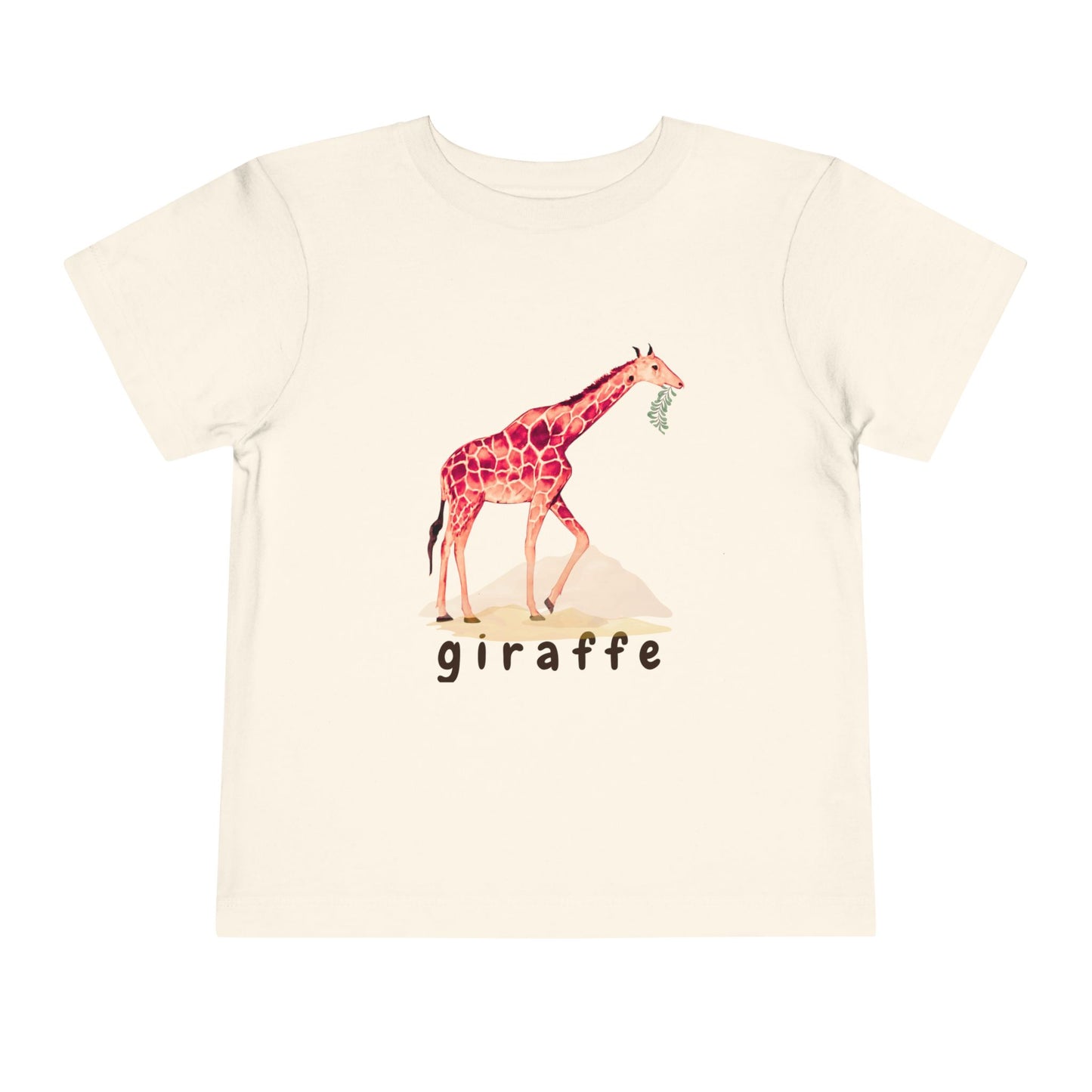 Beige t-shirt with a giraffe graphic and 'giraffe' text on a white background