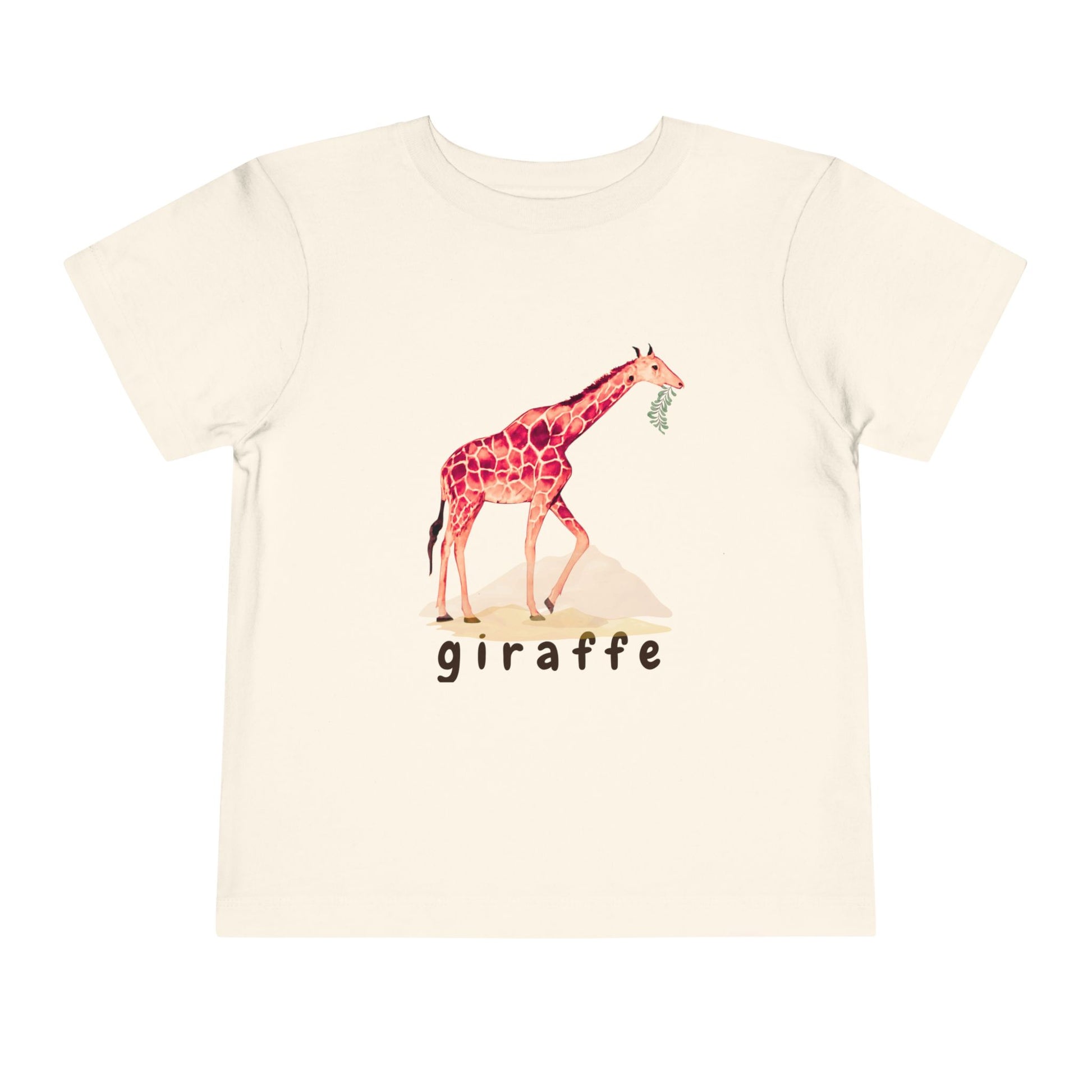 Beige t-shirt with a giraffe graphic and 'giraffe' text on a white background