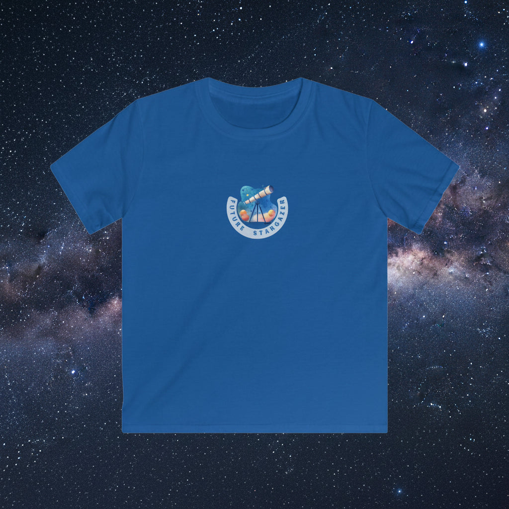 A royal blue short-sleeve crewneck t-shirt with a small circular graphic on the center chest depicting a sailboat and the text 'Future stargazers'.