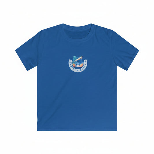 A royal blue short-sleeve crewneck t-shirt with a small circular graphic on the center chest depicting a sailboat and the text 'Future stargazers'.