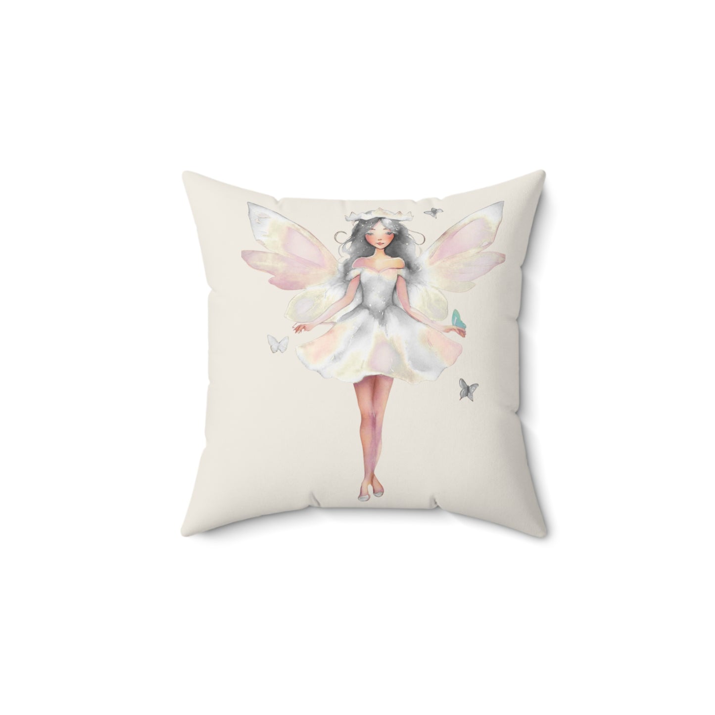 Cream Decorative pillow with a white fairy design on a white background