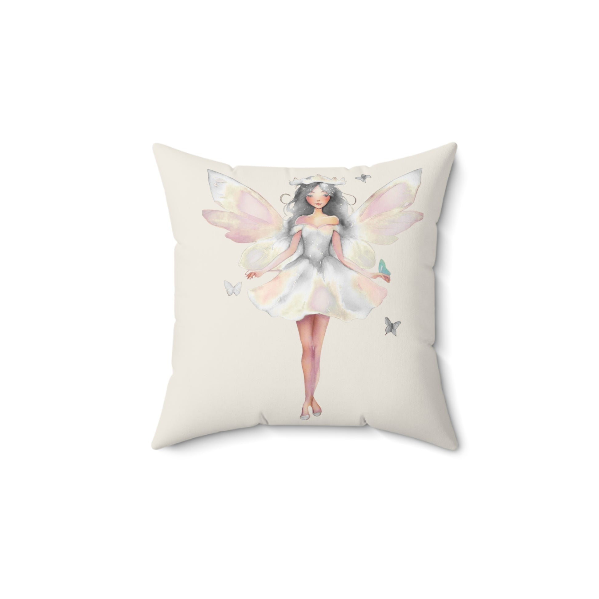 Cream Decorative pillow with a white fairy design on a white background