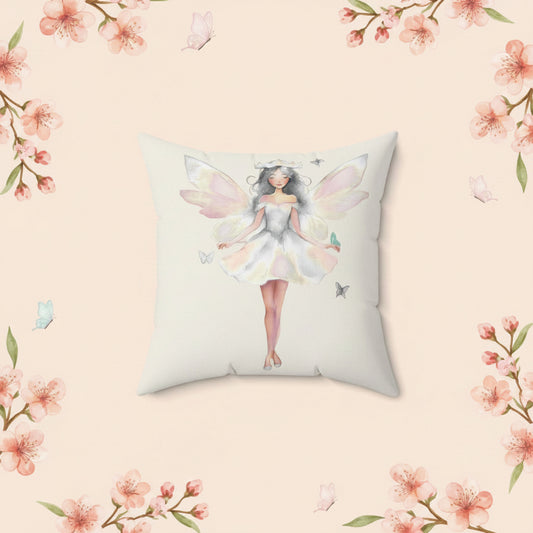 Cream Decorative pillow with a white fairy design on a white background
