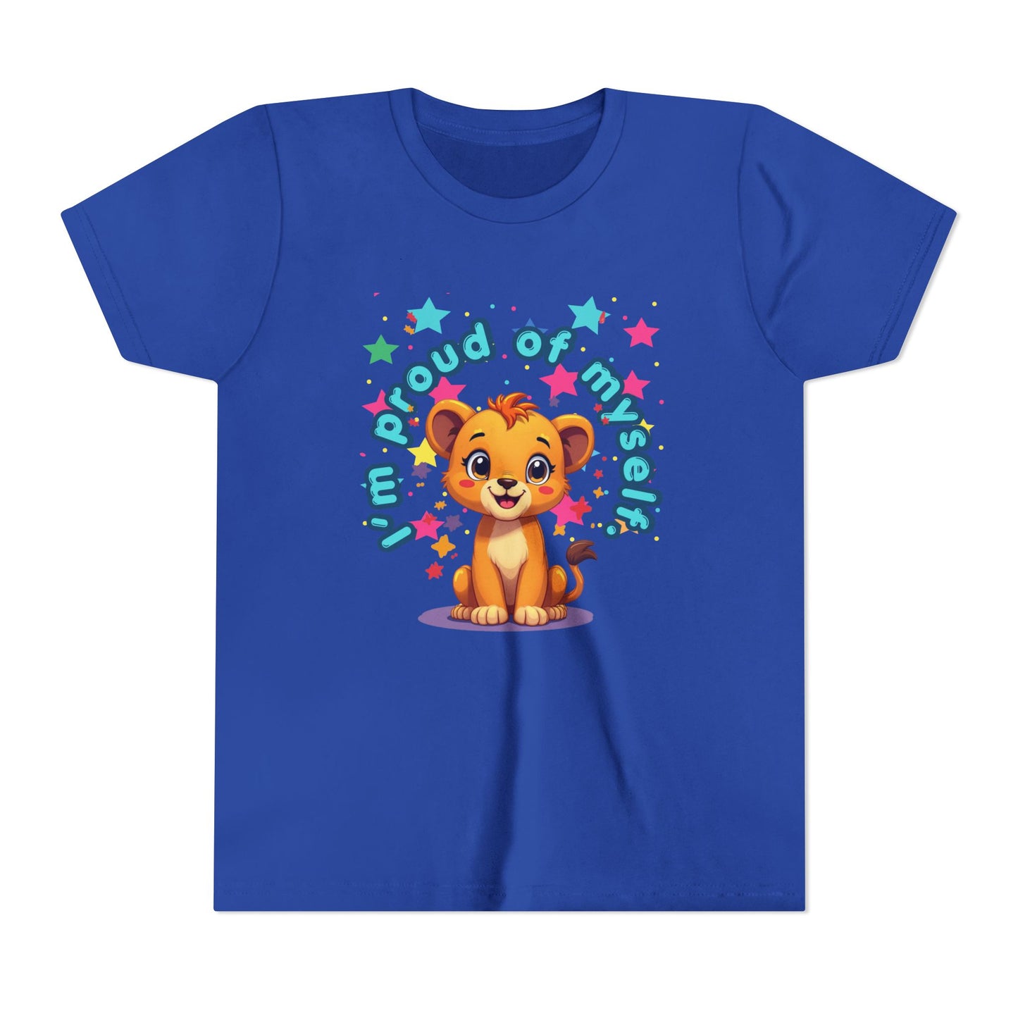 Blue t-shirt with a cartoon lion and text on a white background
