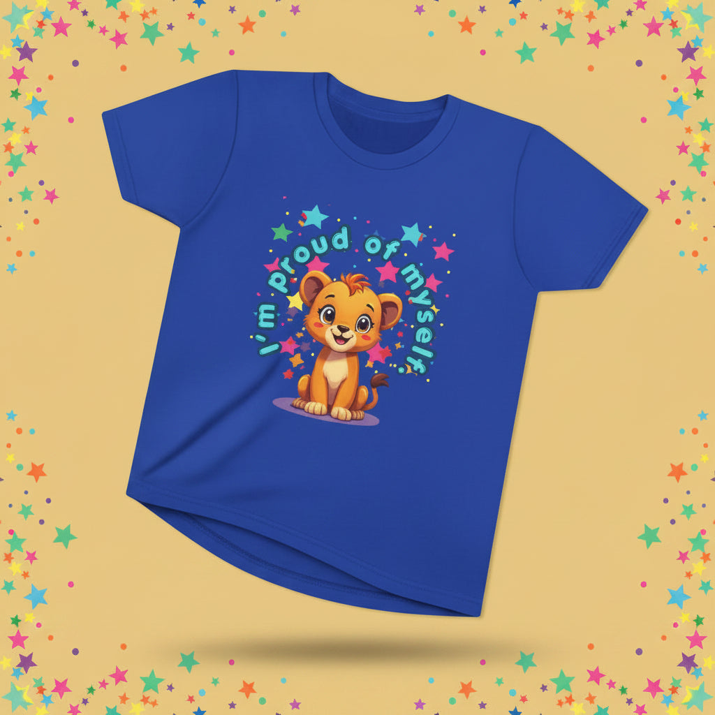 Blue t-shirt with a cartoon lion and text on a white background