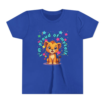 Blue t-shirt with a cartoon lion and text on a white background