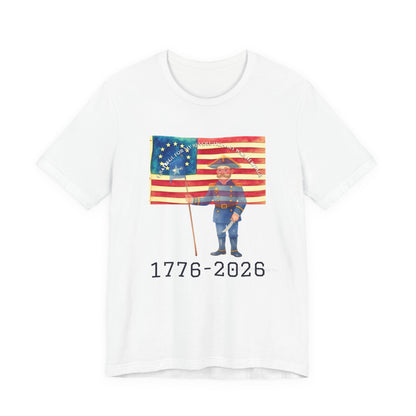 White t-shirt with a graphic of a person holding a flag and the text '1776-2026' on a white background