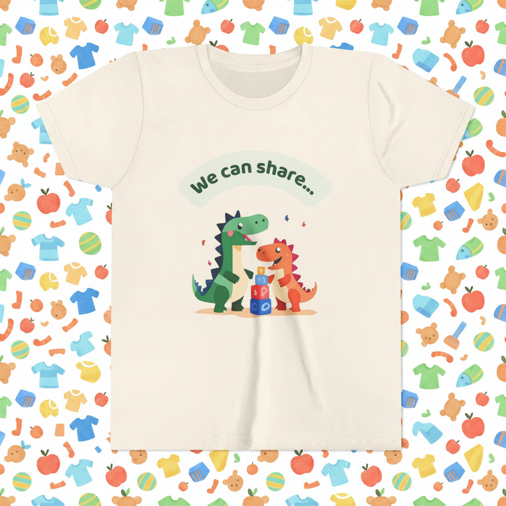 Beige t-shirt with dinosaur design and 'We can share' text on a Colorful background print of toys